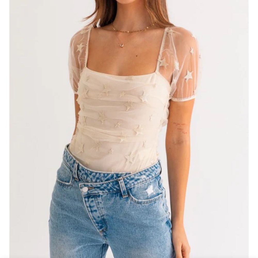American Threads Cream Star embroidered mesh shirring sheer bodysuit Medium